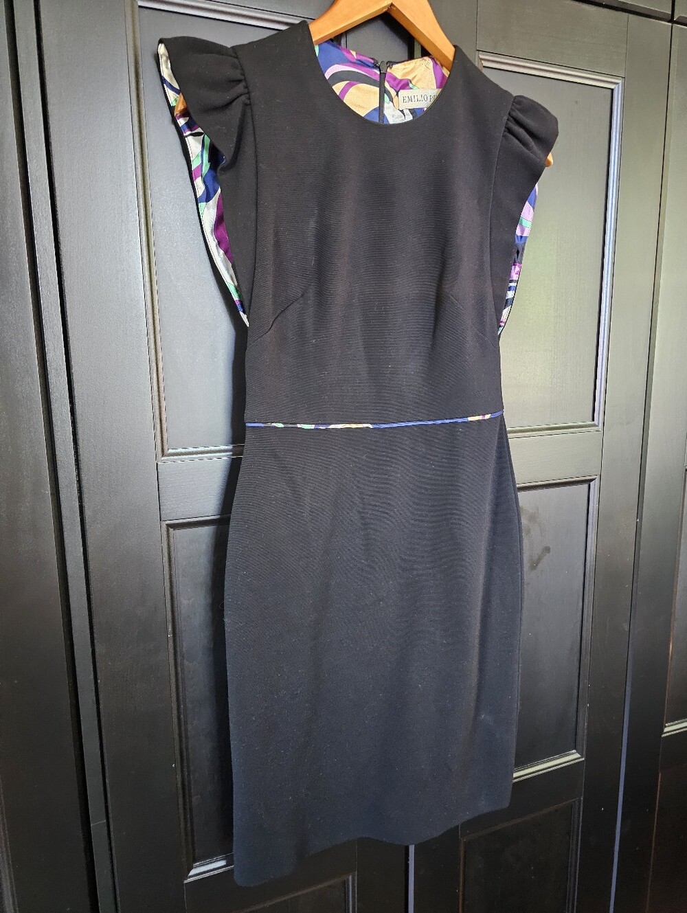 Emilio Pucci Black Stretch Ponte Ruffle Sleeve Sheath Dress-Colorful Silk Lining